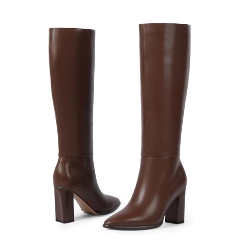 Knee High Boots Women Pointed Toe Chunky Heel Fall Tall Boots Side Zipper Faux Leather Long Boots for Women