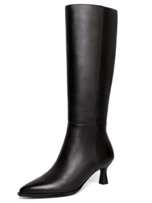Kitten Heel Knee High Boots Women-Pointed Toe Faux Leather Stiletto Side Zipper Long Tall Dress Boot