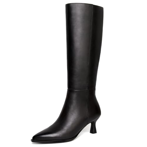 Kitten Heel Knee High Boots Women-Pointed Toe Faux Leather Stiletto Side Zipper Long Tall Dress Boot