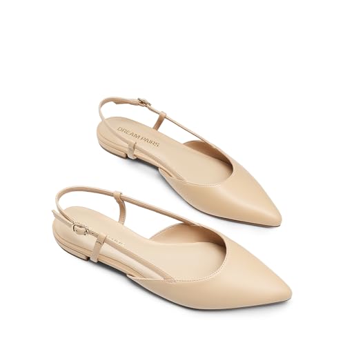 Slingback Flats for Women, Pointed-Toe Elegant Women's Ballet Flats with Buckle Strap, Classic Low Heel Dress Shoes for Casual