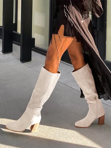 41-ossvioaL.jpg Womens Knee High Boots Square Toe Chunky Block Heel Side Zipper Faux Suede Long Boots Fall Winter Shoes