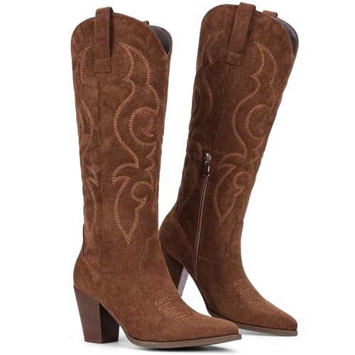 Suede Cowboy Boots for Women - Western Knee High Cowgirl Boots with Side Zipper, Retro Pointed Toe Tall Block Heel Pull On Long