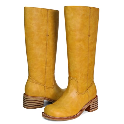 Women's Knee High Boots Chunky Block Heel Long Boots Square Toe Low Heel Boots for Women