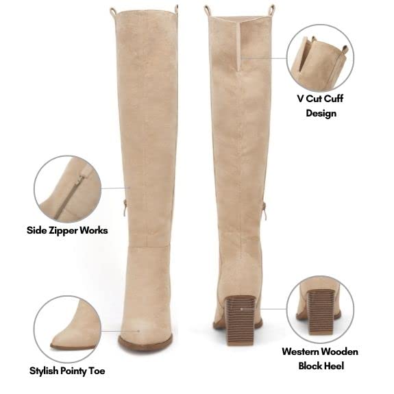 Womens Faux Suede Knee High Side Zipper Chunky Heel Stretch Winter Boots