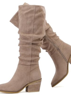 Women's Knee High Boots, Wide Calf Chunky Block Low Heel and Slouchy Pointed Toe Winter Long Boots for Women.