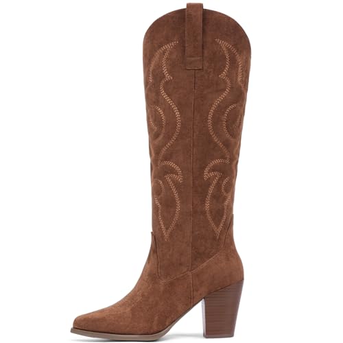 Suede Cowboy Boots for Women - Western Knee High Cowgirl Boots with Side Zipper, Retro Pointed Toe Tall Block Heel Pull On Long