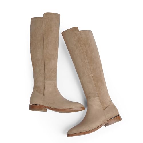 Knee High Boots Women Flat Rounded Toe Stretchy Boots Side Zipper Dress Tall Boot