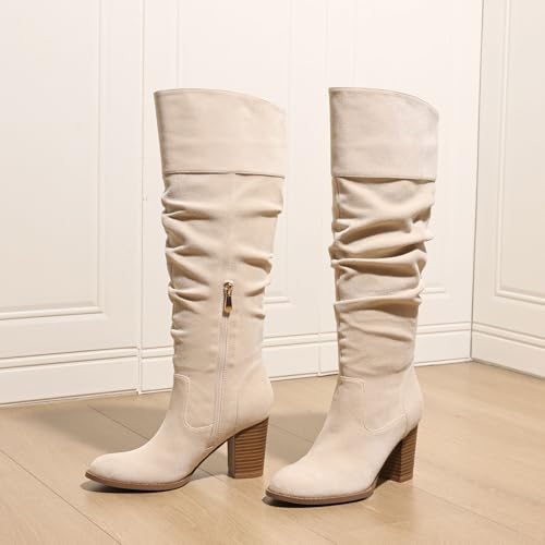 Suede Knee-High Boots Fall Boot For Women Chunky Block High Heel Slouch Fashion Boot Round Toe Side Zipper