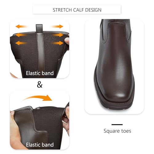 Knee High Boots Women, Stretch Calf Platform Lug Sole Long Boots, Square Toe Chunky Heel Tall Boots with side Zipper