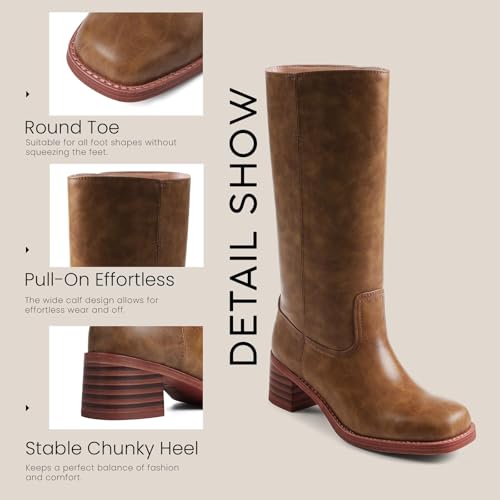 Women's Knee High Boots Wide Calf Boots Black Boots Square Toe Chunky Block Heel Long Boots Pull On Riding Boots Knight Boots