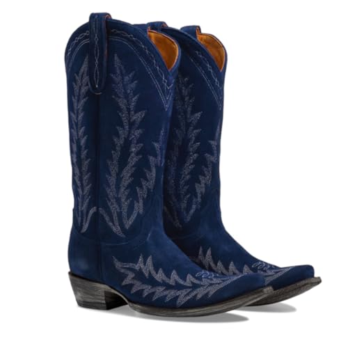 Vintage Embroidered Cowboy Boots Women Mid Calf Western Boots Suede Low Chunky Stacked Heel Square-Pointy Toe Short Cowgirl