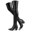 Women Thigh High Boots Leather PU Stretch Over The Knee Boots Slim Calf Block Chunky Heel Pointed Toe Cowboy Style Dress Long
