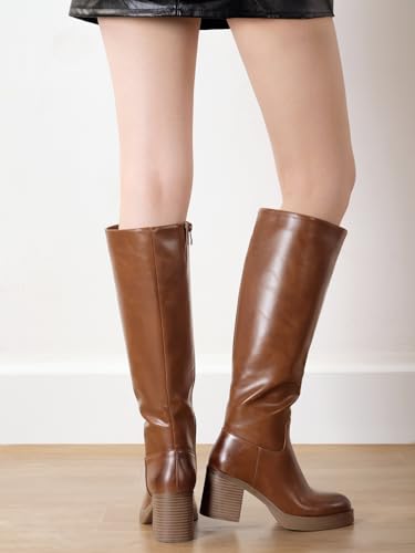 Platform Knee High Boots for Women Block Chunky Heel Round Toe Side Zipper Tall Boots