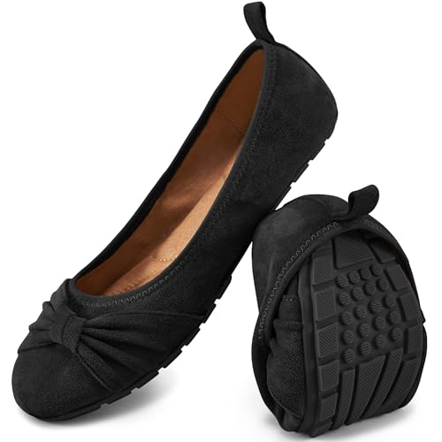Womens Flats Shoes Dressy: Round Toe Bowknot Suede Foldable Comfortable Casual Slip On Ballet Loafers