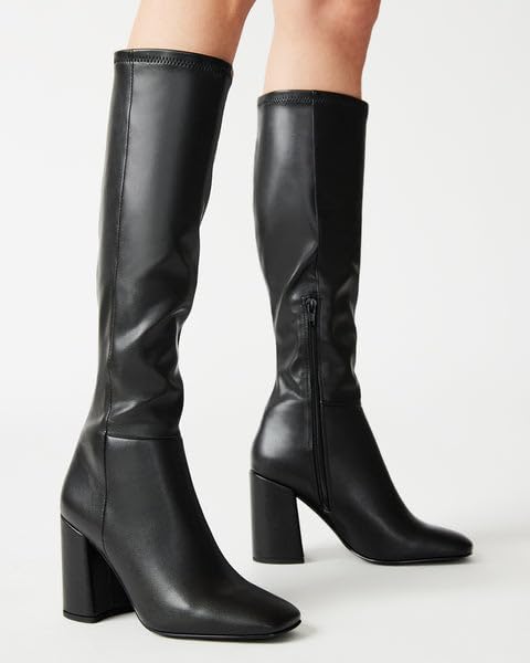 Women's Faux Leather Tall Boots Fashion Square Toe Chunky Heel Knee High Boots with Side Zip