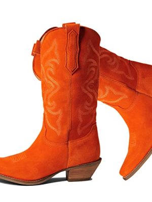 Cowboy Boots Women Embroidered Mid Calf Western Boots Stacked Low Heel Pointed Toe Pull On Cowgirl Boot 4-11 M US