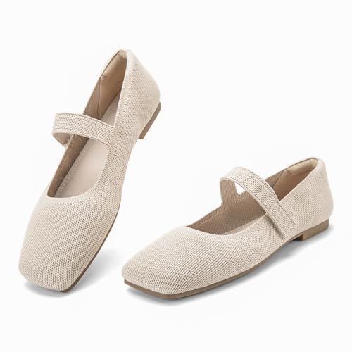 41RtxztJZWL.jpg Wide Toe Box Flats Women Comfort Slip On Ballet Shoes Mary Jane Dressy Knit Flats with Adjustable Straps Washable Casual Office