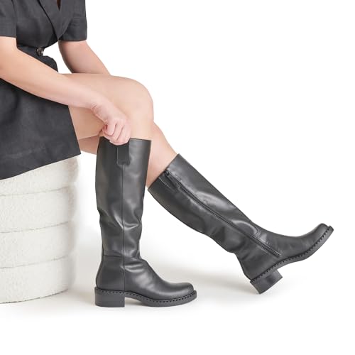 Women Knee High Boots Faux Leather Long Boots Low Chunky Heel Square Toe Side Zipper Fall Tall Boots