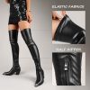 Women Thigh High Boots Leather PU Stretch Over The Knee Boots Slim Calf Block Chunky Heel Pointed Toe Cowboy Style Dress Long