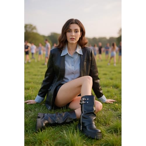 Women's Knee High Riding Boots Chunky Platform Low Heel Round Toe Moto Boots Slouchy Fold Over Wide Calf Motorcycle Biker Boots