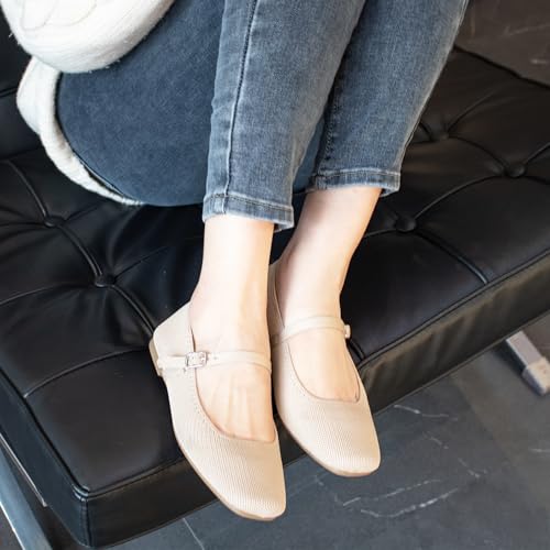 41bxqlK0zgL.jpg Knit Flats for Women Square Toe Flats Casual Ballet Flats with Ankle Strap,Mary Jane Shoes Women Comfortable for Dressy Office