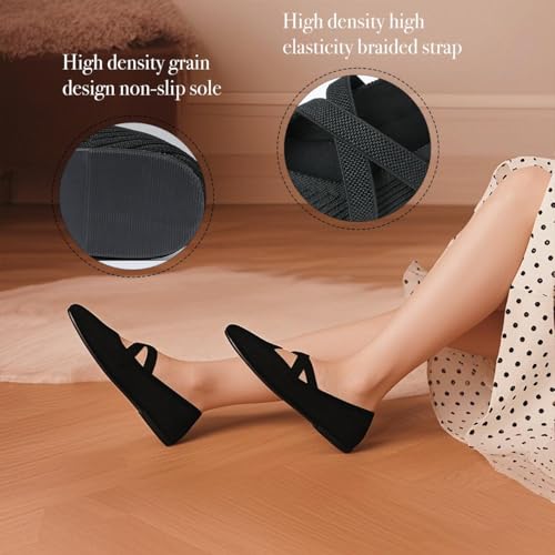 Flats for Women Square Toe Ballet Flats Cross Strap Comfortable Arch Support Dressy Knit Flats for Women Mary Jane Flats Slip On