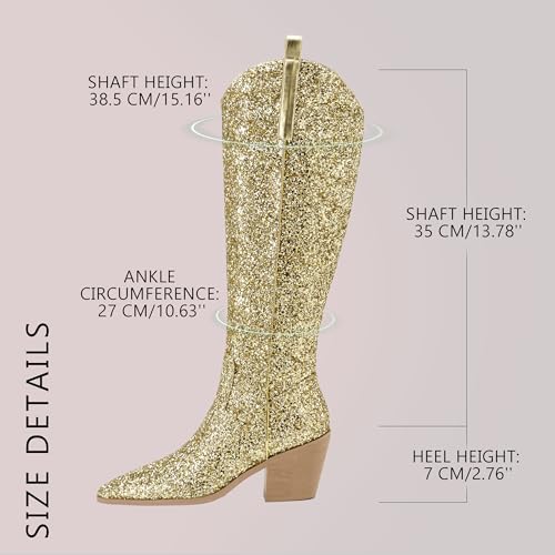41cwLqWsn4L.jpg Sparkly Cowgirl Boots for Women Side Zipper Tall Wide Calf Western Knee High Cowboy Boots Chunky Heels Glitter Sequin Party
