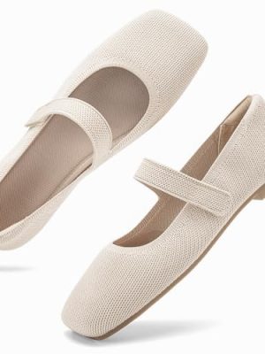 Wide Toe Box Flats Women Comfort Slip On Ballet Shoes Mary Jane Dressy Knit Flats with Adjustable Straps Washable Casual Office