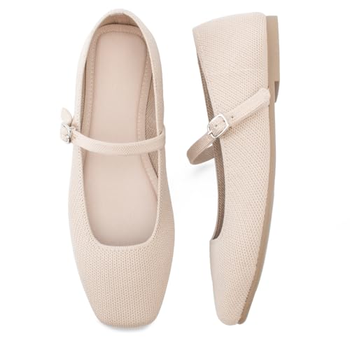 41meBO4DdTL.jpg Knit Flats for Women Square Toe Flats Casual Ballet Flats with Ankle Strap,Mary Jane Shoes Women Comfortable for Dressy Office