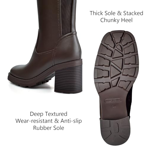 Knee High Boots Women, Stretch Calf Platform Lug Sole Long Boots, Square Toe Chunky Heel Tall Boots with side Zipper