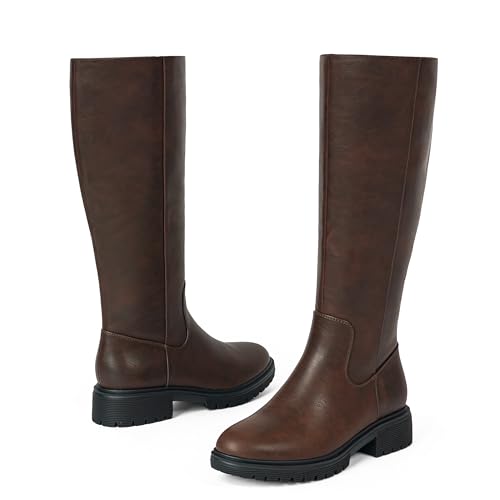 Knee High Boots for Women Round Toe Women's Fashion Tall Riding Boots Chunky Platform Long Flat Boot with Side Zipper Low Heel
