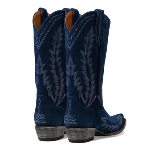 Vintage Embroidered Cowboy Boots Women Mid Calf Western Boots Suede Low Chunky Stacked Heel Square-Pointy Toe Short Cowgirl