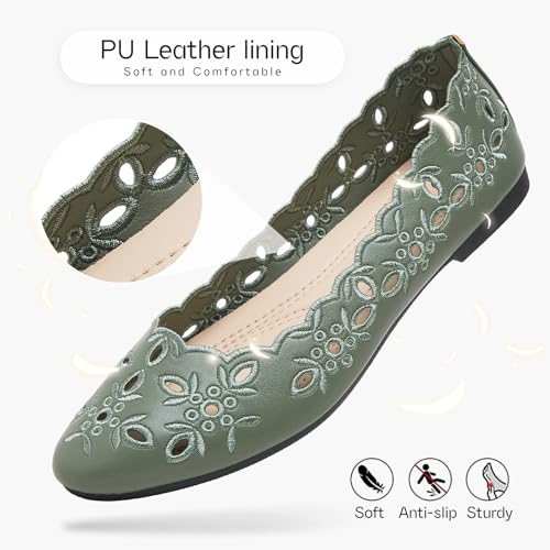 41w8A690sHL.jpg Women's Comfortable Dress Shoes Ballet Flats Slip On Shoes Black Flats Round Toe PU Leather Flats Summer with Floral Eyelets