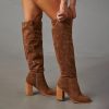 Suede Knee-High Boots Fall Boot For Women Chunky Block High Heel Slouch Fashion Boot Round Toe Side Zipper
