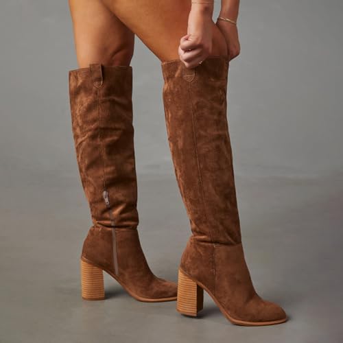 Suede Knee-High Boots Fall Boot For Women Chunky Block High Heel Slouch Fashion Boot Round Toe Side Zipper