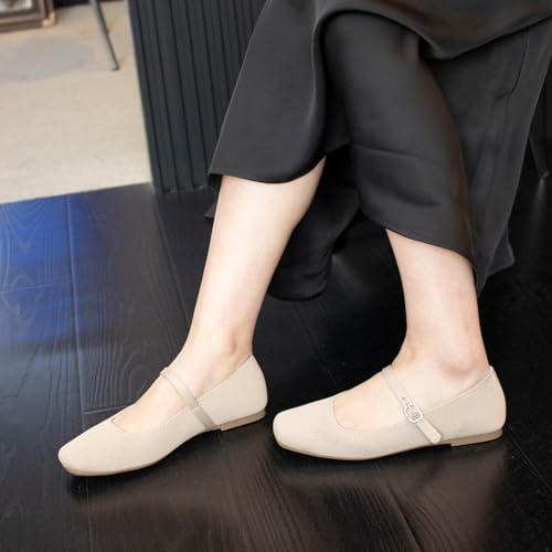 41yI-DtXGfL.jpg Knit Flats for Women Square Toe Flats Casual Ballet Flats with Ankle Strap,Mary Jane Shoes Women Comfortable for Dressy Office