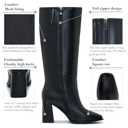 Wide Calf Knee High Boots for Women ?C Tall Fashion Boots with Side Zipper, Square Toe, Chunky Heel, Faux Leather Long Boots