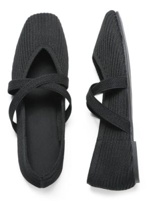 Flats for Women Square Toe Ballet Flats Cross Strap Comfortable Arch Support Dressy Knit Flats for Women Mary Jane Flats Slip On