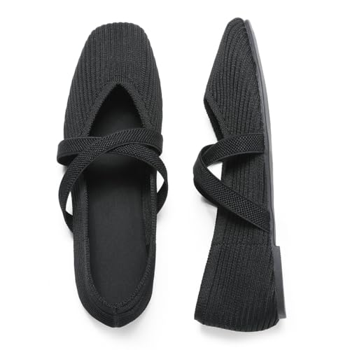 Flats for Women Square Toe Ballet Flats Cross Strap Comfortable Arch Support Dressy Knit Flats for Women Mary Jane Flats Slip On