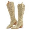 51-WFqoC3L.jpg Sparkly Cowgirl Boots for Women Side Zipper Tall Wide Calf Western Knee High Cowboy Boots Chunky Heels Glitter Sequin Party