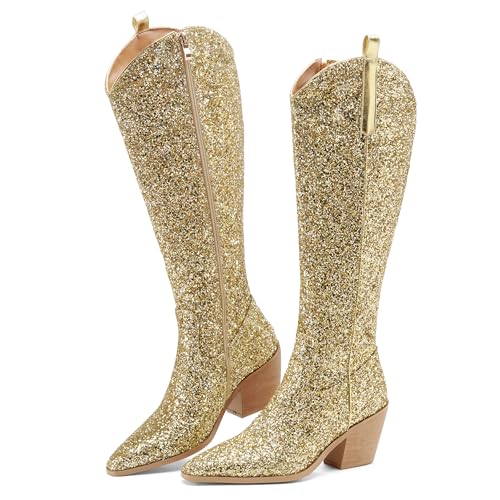 51-WFqoC3L.jpg Sparkly Cowgirl Boots for Women Side Zipper Tall Wide Calf Western Knee High Cowboy Boots Chunky Heels Glitter Sequin Party