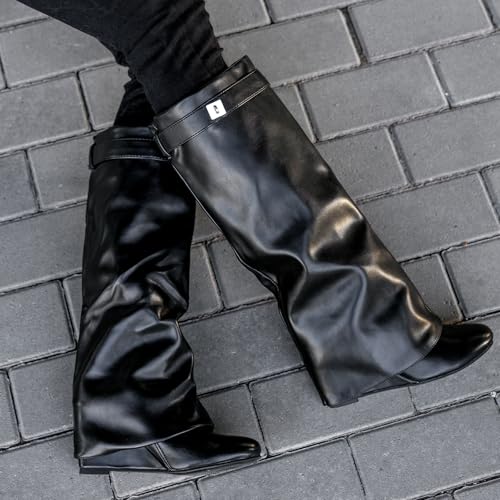 Fold Over Boots Women's Knee high Shark Boots Pointed Toe Wedge Heel Flat Shoes For Fall Winter Dress Boots