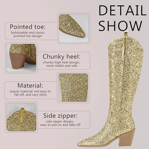 516aVGvRoL.jpg Sparkly Cowgirl Boots for Women Side Zipper Tall Wide Calf Western Knee High Cowboy Boots Chunky Heels Glitter Sequin Party