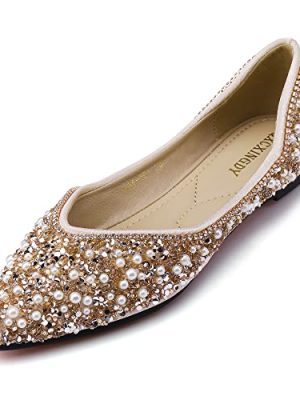 Women's Rhinestone Flats Fashion Pointed Toe Pearl Diamond Low Heel Dress Wedding Flats Work Business Dance Ballet Flats