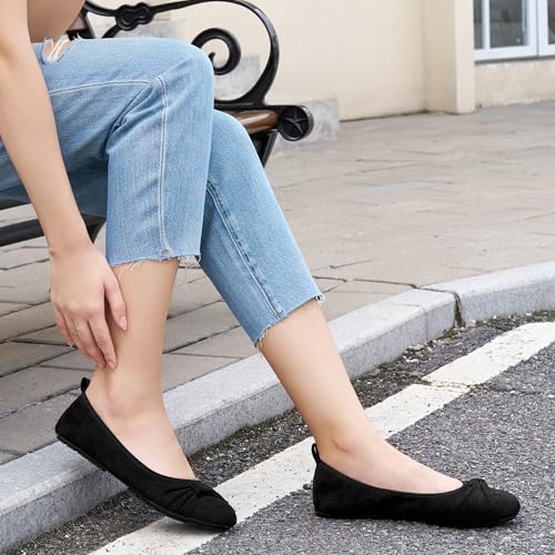 Womens Flats Shoes Dressy: Round Toe Bowknot Suede Foldable Comfortable Casual Slip On Ballet Loafers