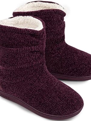 Women's Chenille Knit Bootie Slippers Cute Warm Plush Fleece Memory Foam House Shoes Indoor Outdoor