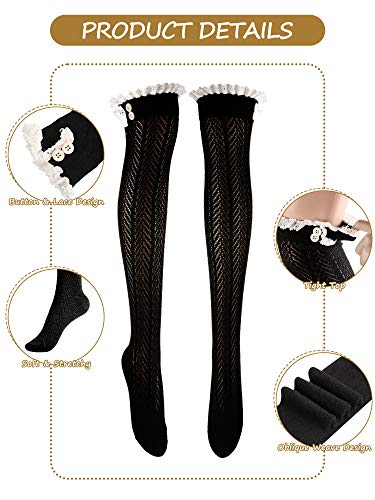 3 Pairs Long Boot Socks with Lace Trim Button Knit Boot Socks over Knee Thigh High Stockings for Women