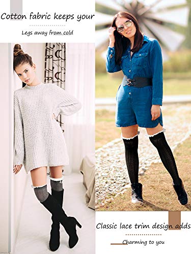 3 Pairs Long Boot Socks with Lace Trim Button Knit Boot Socks over Knee Thigh High Stockings for Women