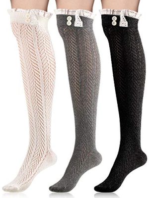 3 Pairs Long Boot Socks with Lace Trim Button Knit Boot Socks over Knee Thigh High Stockings for Women