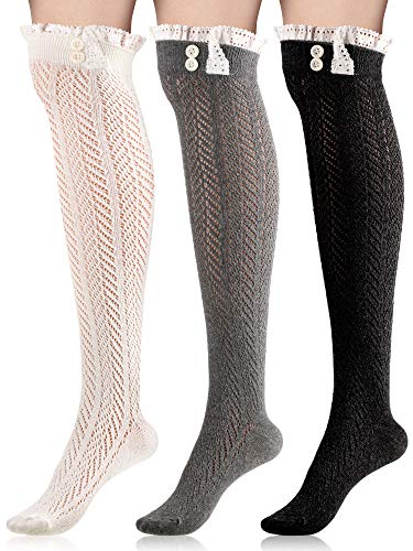 3 Pairs Long Boot Socks with Lace Trim Button Knit Boot Socks over Knee Thigh High Stockings for Women